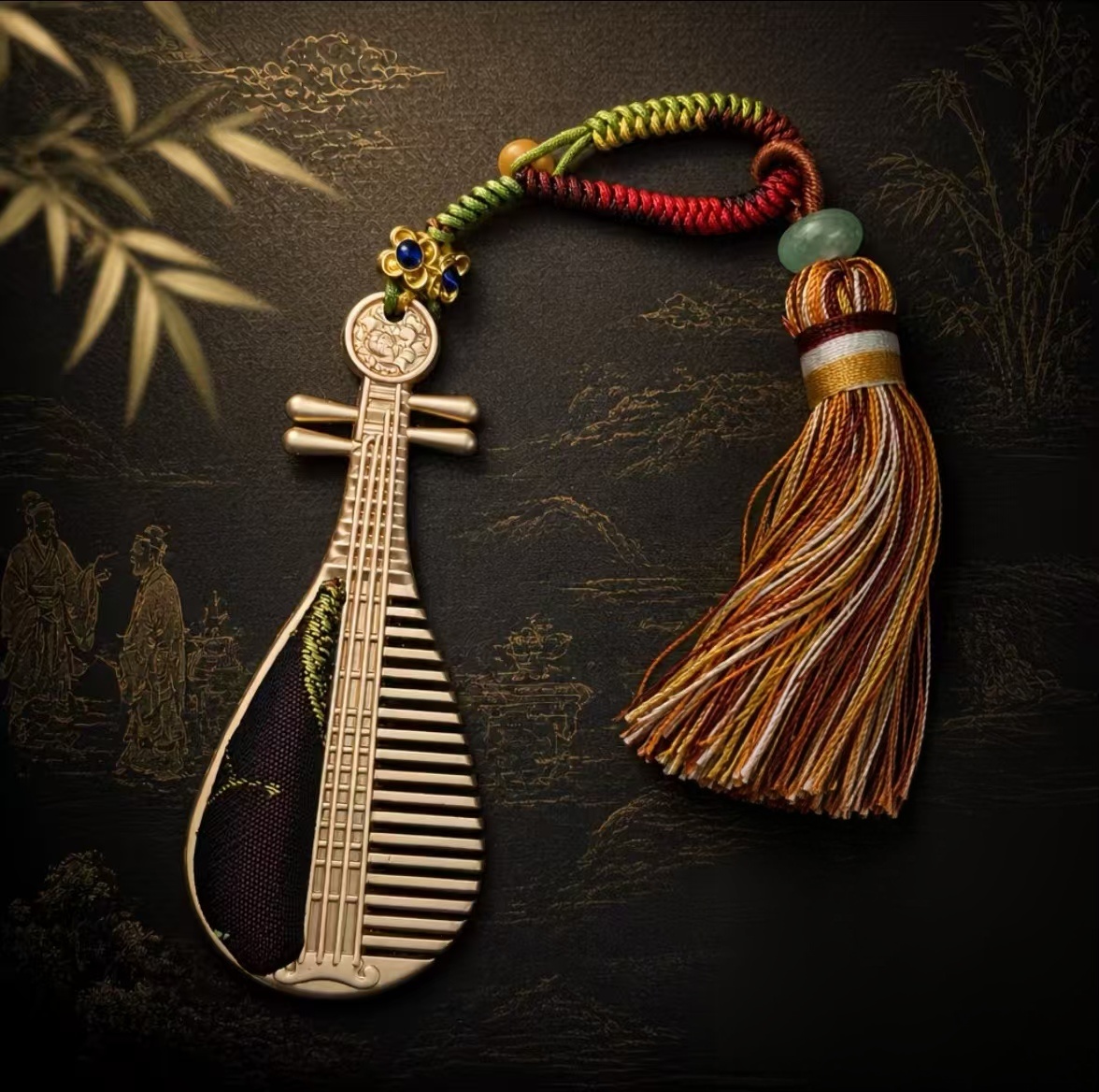 Black pipa‑shaped tassel keychain, Chinese handicraft souvenir