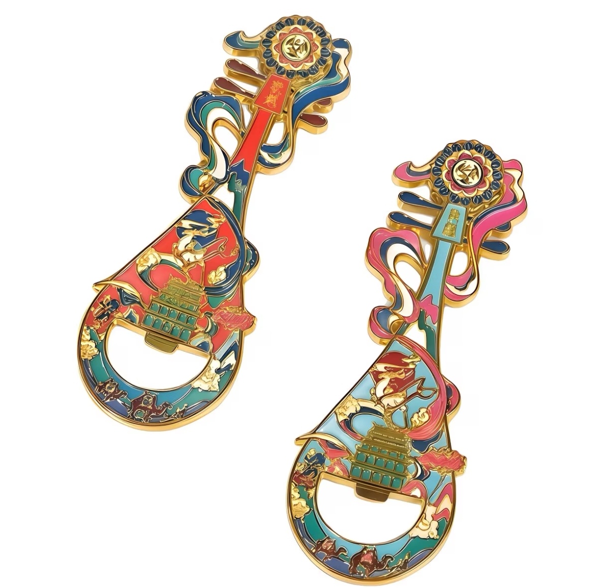 Two‑color Dunhuang mural pipa shaped enamel metal bottle opener, Chinese cultural souvenir gift