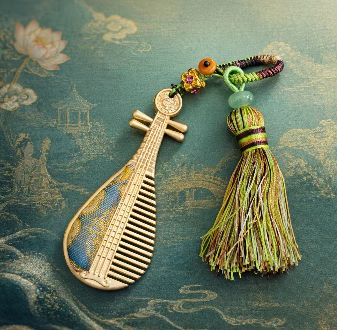 Light‑blue pipa‑shaped tassel keychain, Chinese handicraft souvenir