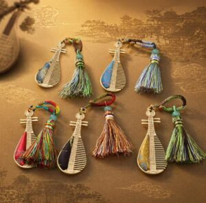 Pipa shaped keychain set of 5 with handmade tassel, Chinese traditional cultural souvenir ornament with gift box