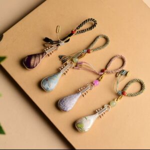 Set of 4 Pipa‑shaped silk bag charms, Chinese oriental souvenir keychain ornaments