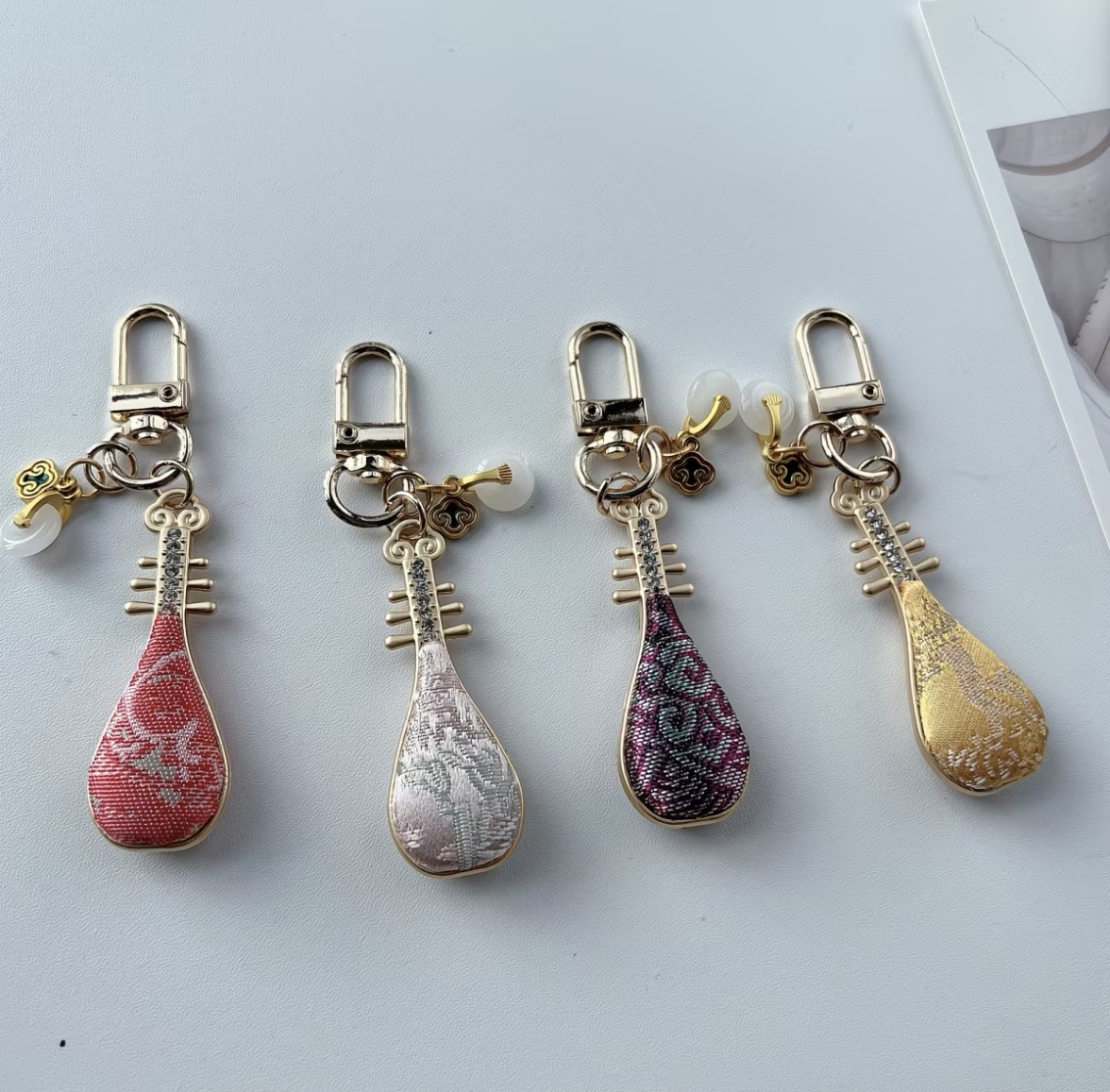 Set of 4 pipa‑shaped keychains, Chinese traditional silk fabric bag charm souvenir gift