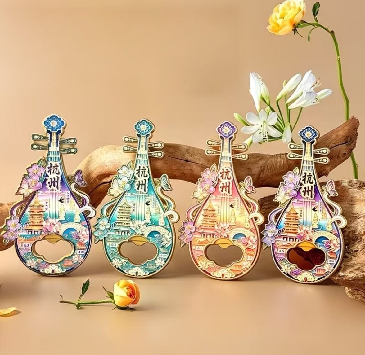 Four Hangzhou themed pipa shaped bottle opener fridge magnets, Chinese cultural souvenir