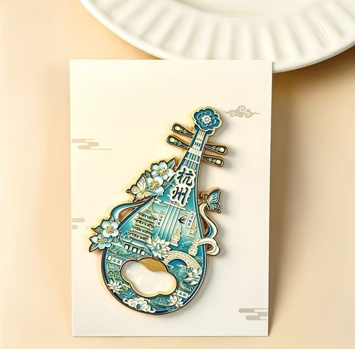 Light blue Hangzhou pipa-shaped bottle opener fridge magnet, Chinese cultural travel souvenir