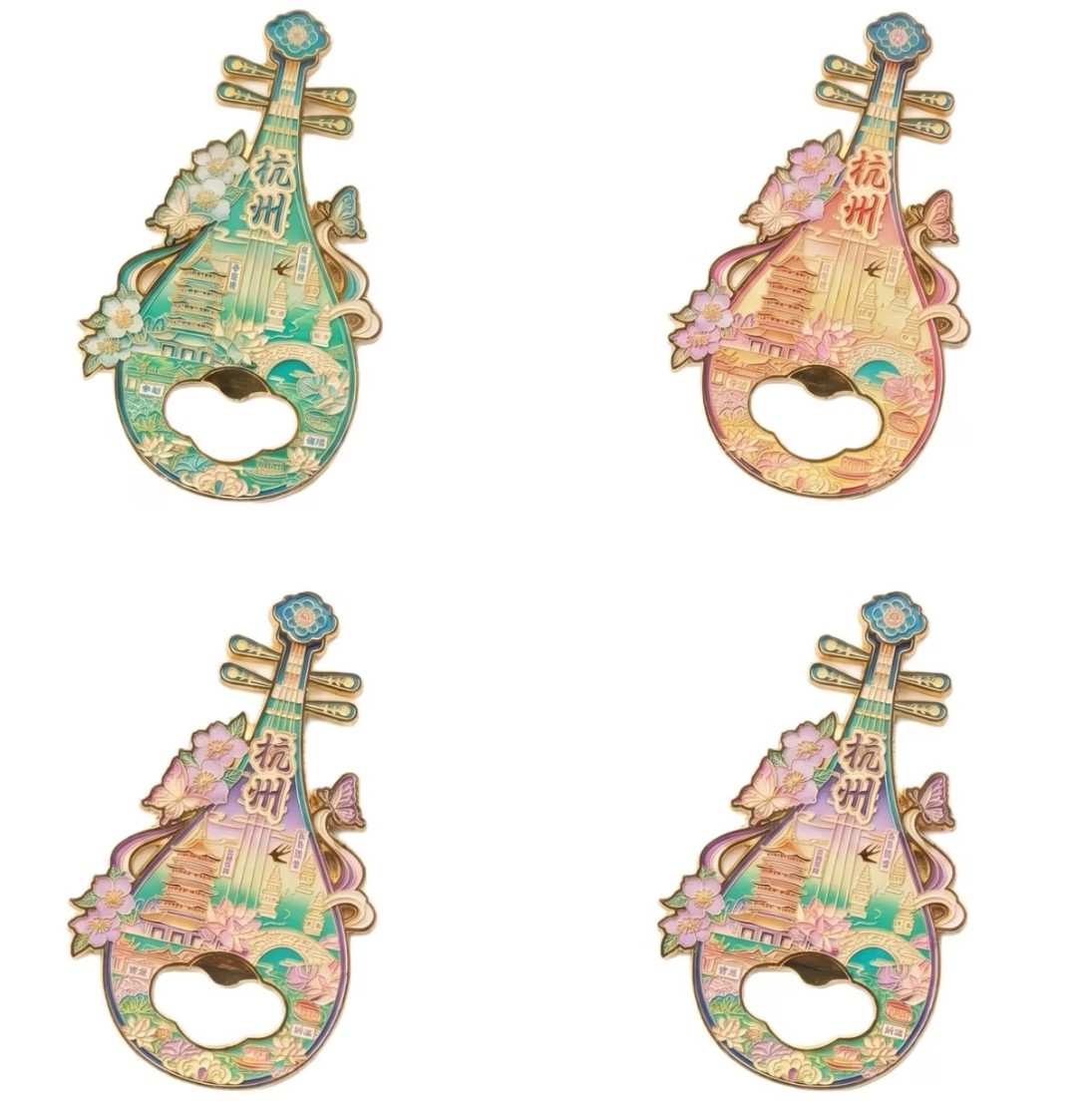 Lin'an Legacy Pipa shaped bottle opener and fridge magnet with intricate metal carving details.