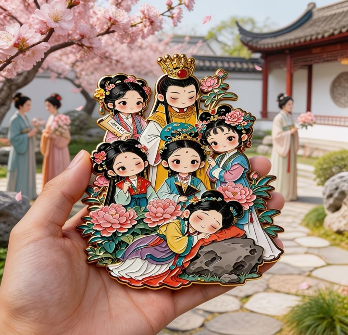 Dream of Red Chamber fridge magnet, classic characters in peony garden, Chinese classical literary souvenir