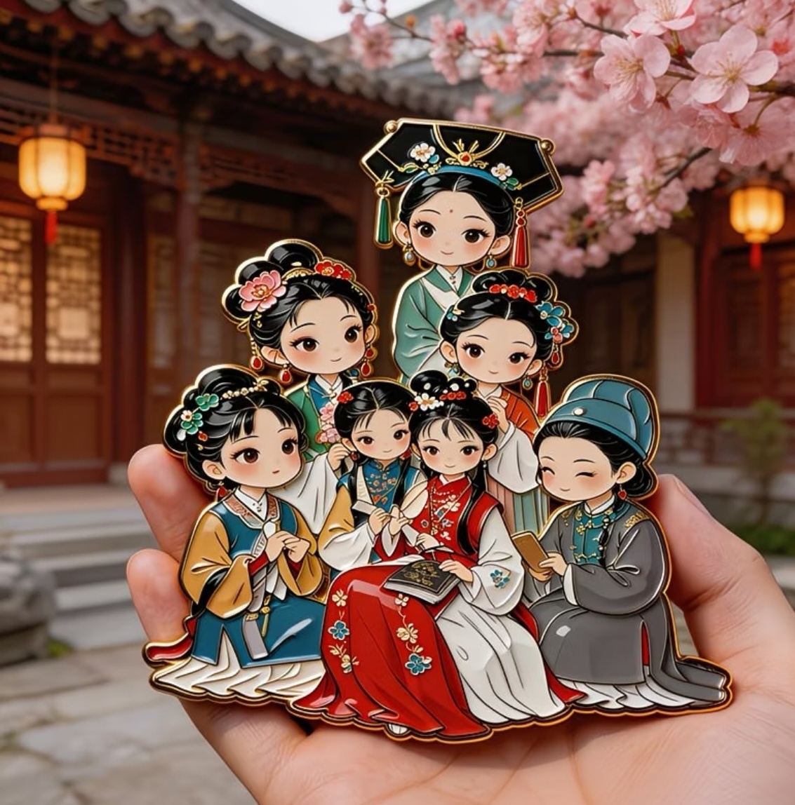 Dream of Red Chamber fridge magnet set, seven characters reading books, Chinese classic literary souvenir from Grand View Garden