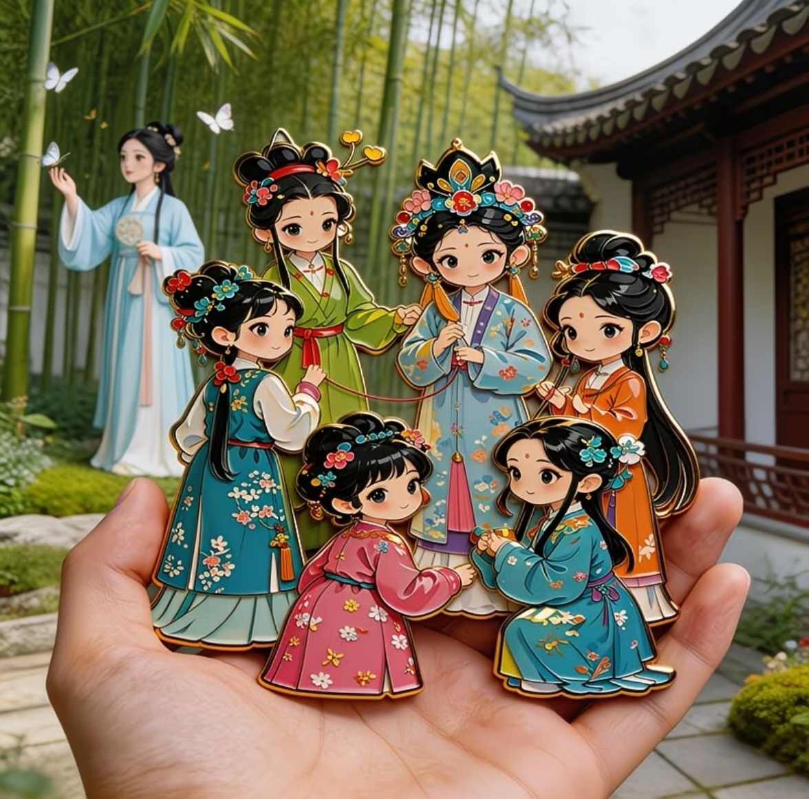 Dream of the Red Chamber six maidens at play fridge magnet, Chinese classical literary souvenir
