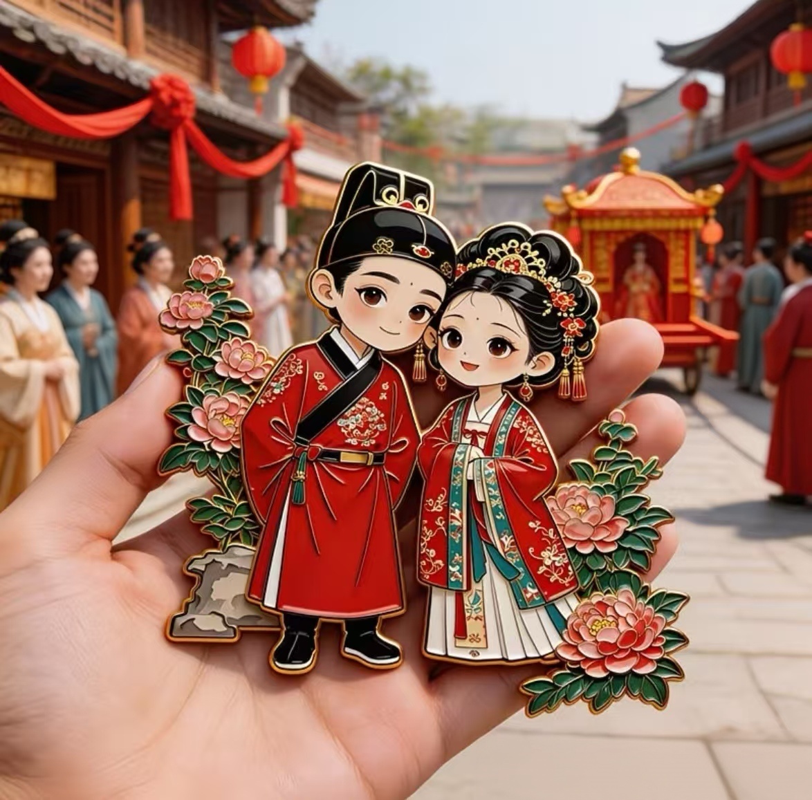 Han Dynasty Chinese wedding fridge magnet, ancient bride and groom figures, traditional cultural souvenir