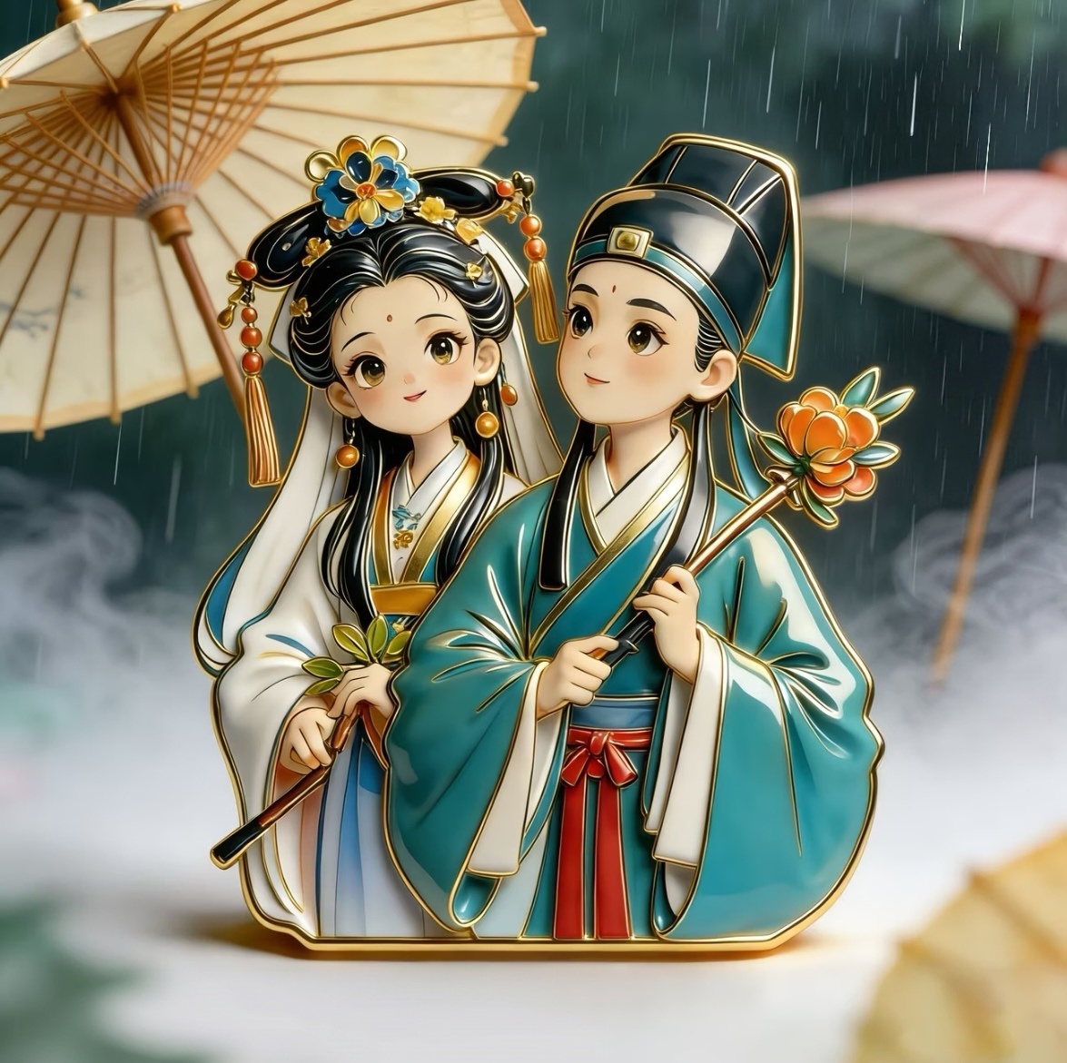 Legend of White Snake fridge magnet, Bai Suzhen and Xu Xian figures, Chinese folk legend cultural souvenir