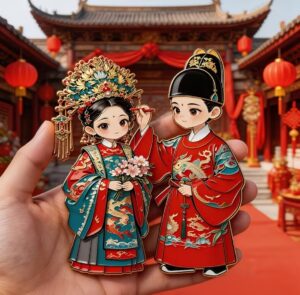Ming Dynasty Chinese wedding fridge magnet, ancient bride and groom figures, traditional cultural souvenir
