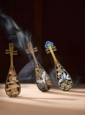 Set of 3 Pipa‑Shaped Alloy Incense Burners, Chinese Hollow‑Out Censer Collection, Crane & Dragon Patterns