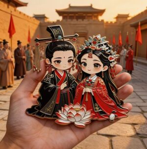 Qin Dynasty Chinese wedding fridge magnet, ancient bride and groom figures, traditional cultural souvenir