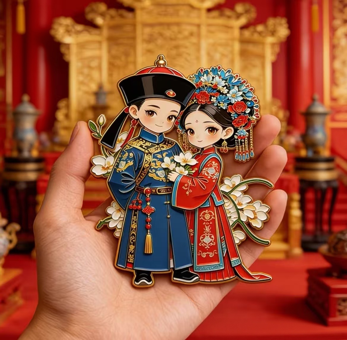 Qing Dynasty Chinese wedding fridge magnet, ancient bride and groom figures, traditional cultural souvenir