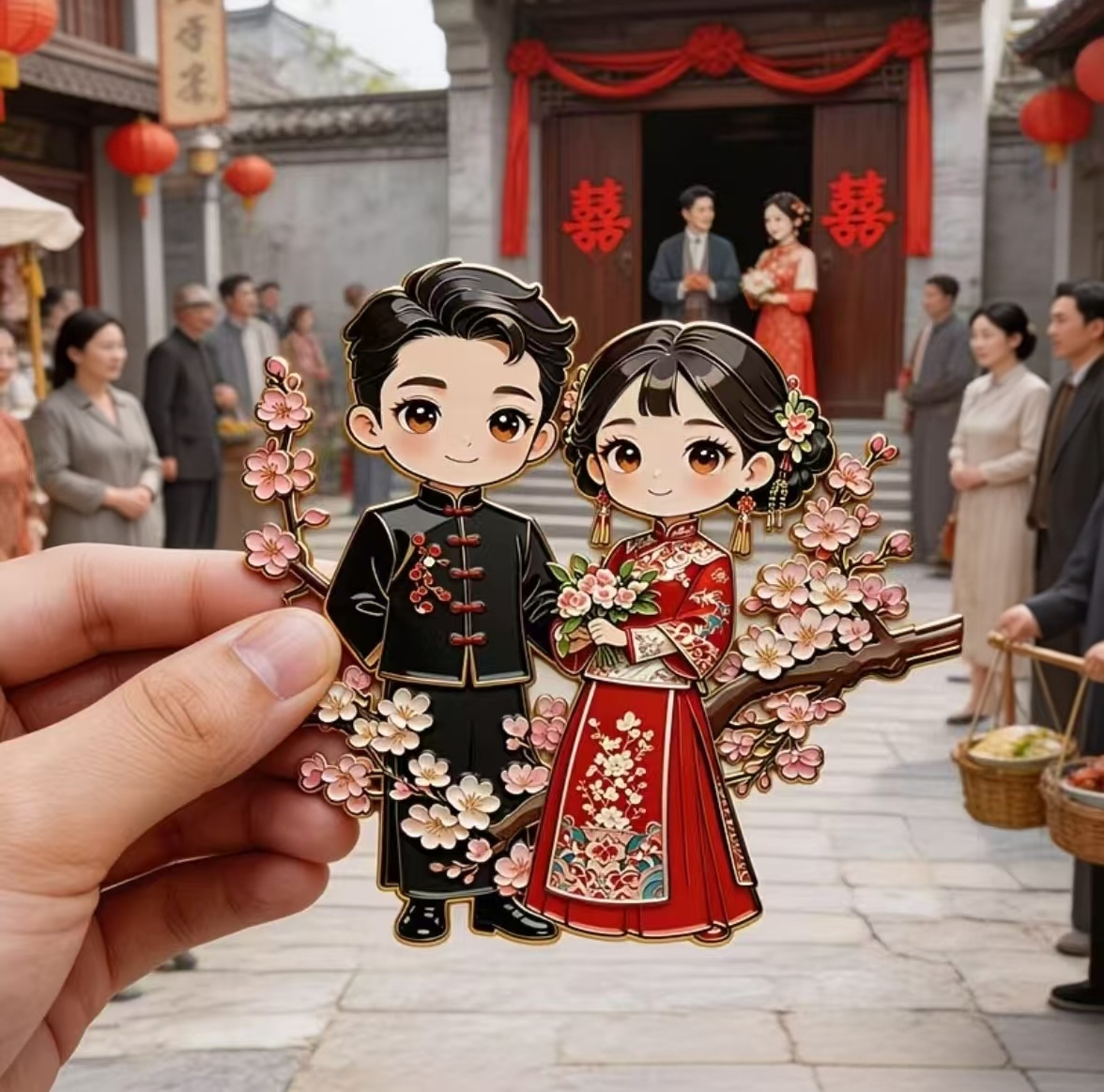 Republic of China era Chinese wedding fridge magnet, ancient‑style bride and groom figures, traditional cultural souvenir
