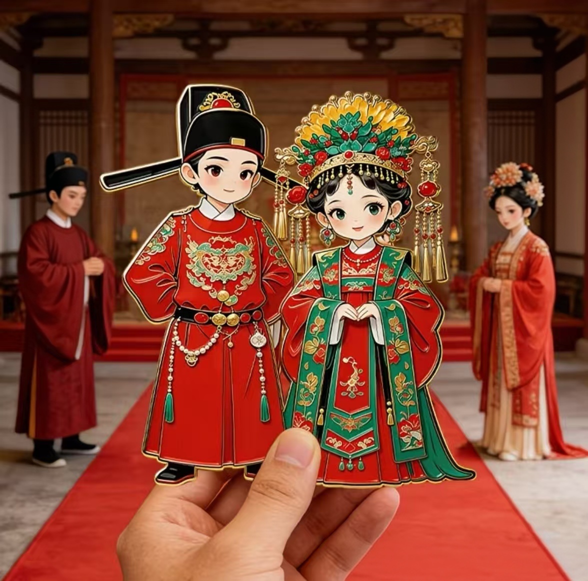 Song Dynasty Chinese wedding fridge magnet, ancient bride and groom figures, traditional cultural souvenir