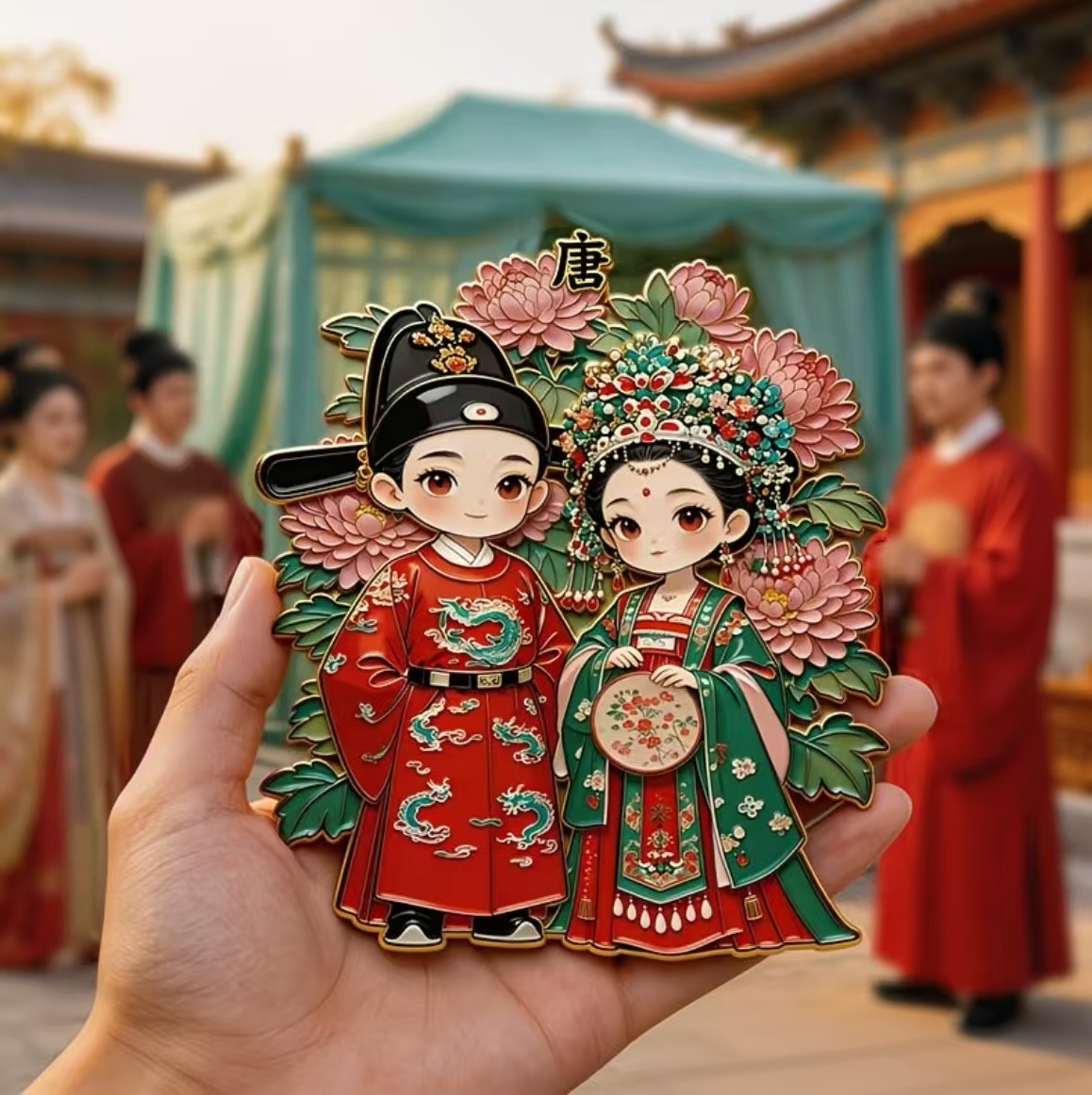 Tang Dynasty Chinese wedding fridge magnet, ancient bride and groom figures, traditional cultural souvenir