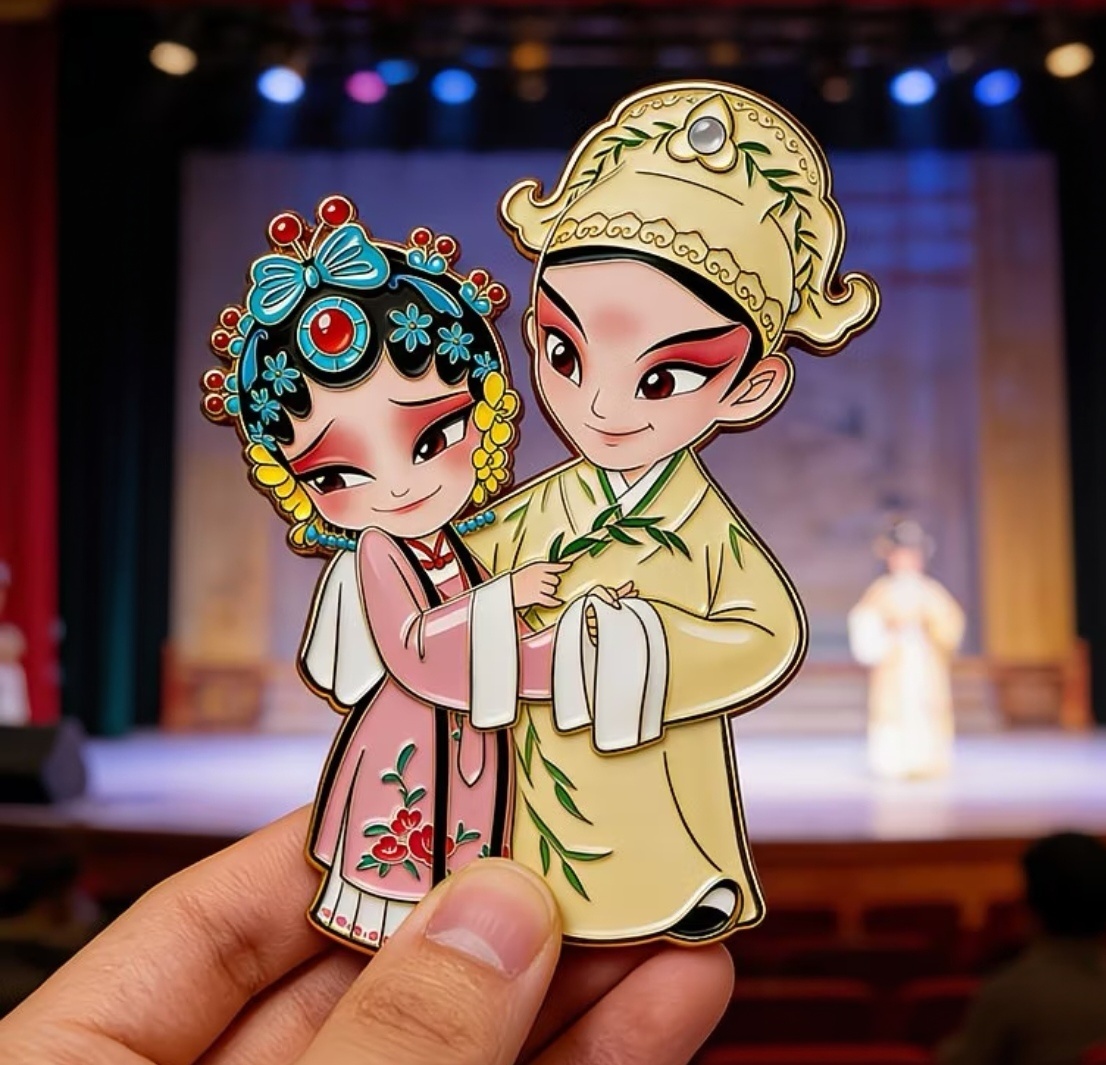 Yue Opera fridge magnet, Du Liniang and Liu Mengmei from Peony Pavilion, traditional Chinese opera souvenir